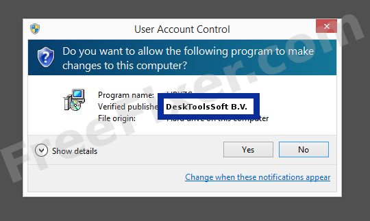 Screenshot where DeskToolsSoft B.V. appears as the verified publisher in the UAC dialog